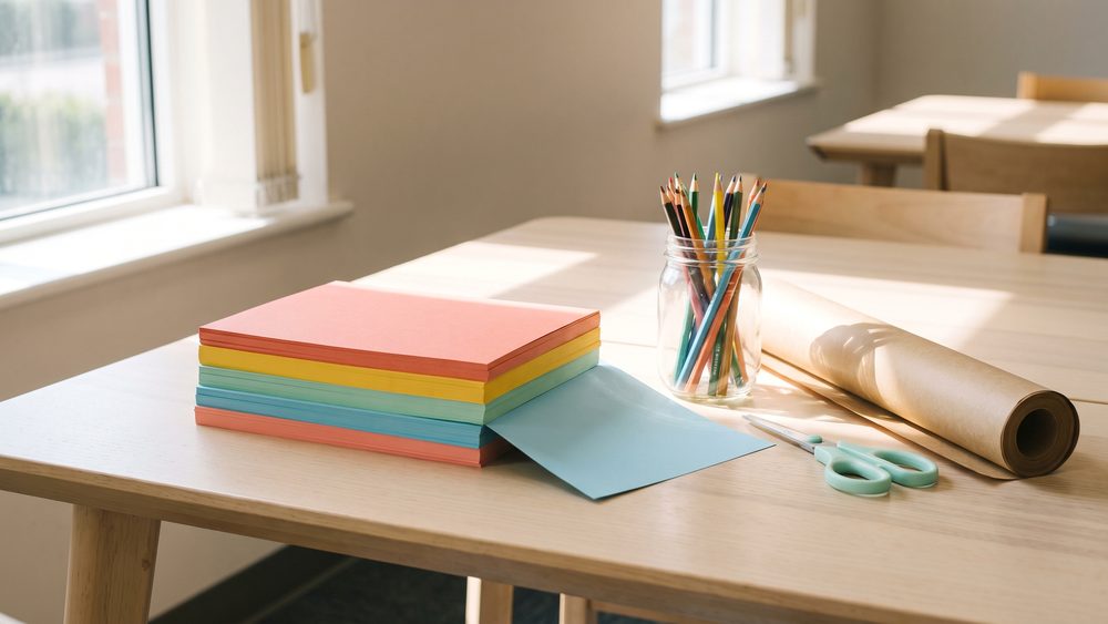 A stack of coloured card, a jar of pencils and a roll of kraft paper on a sunlit table.