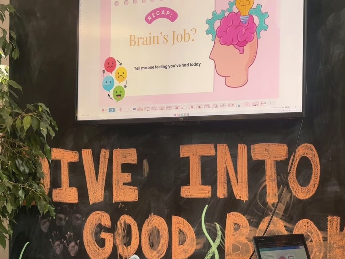 A lesson slide about the brain at North Wales Area Library, above a chalk mural that reads Dive into a good book.